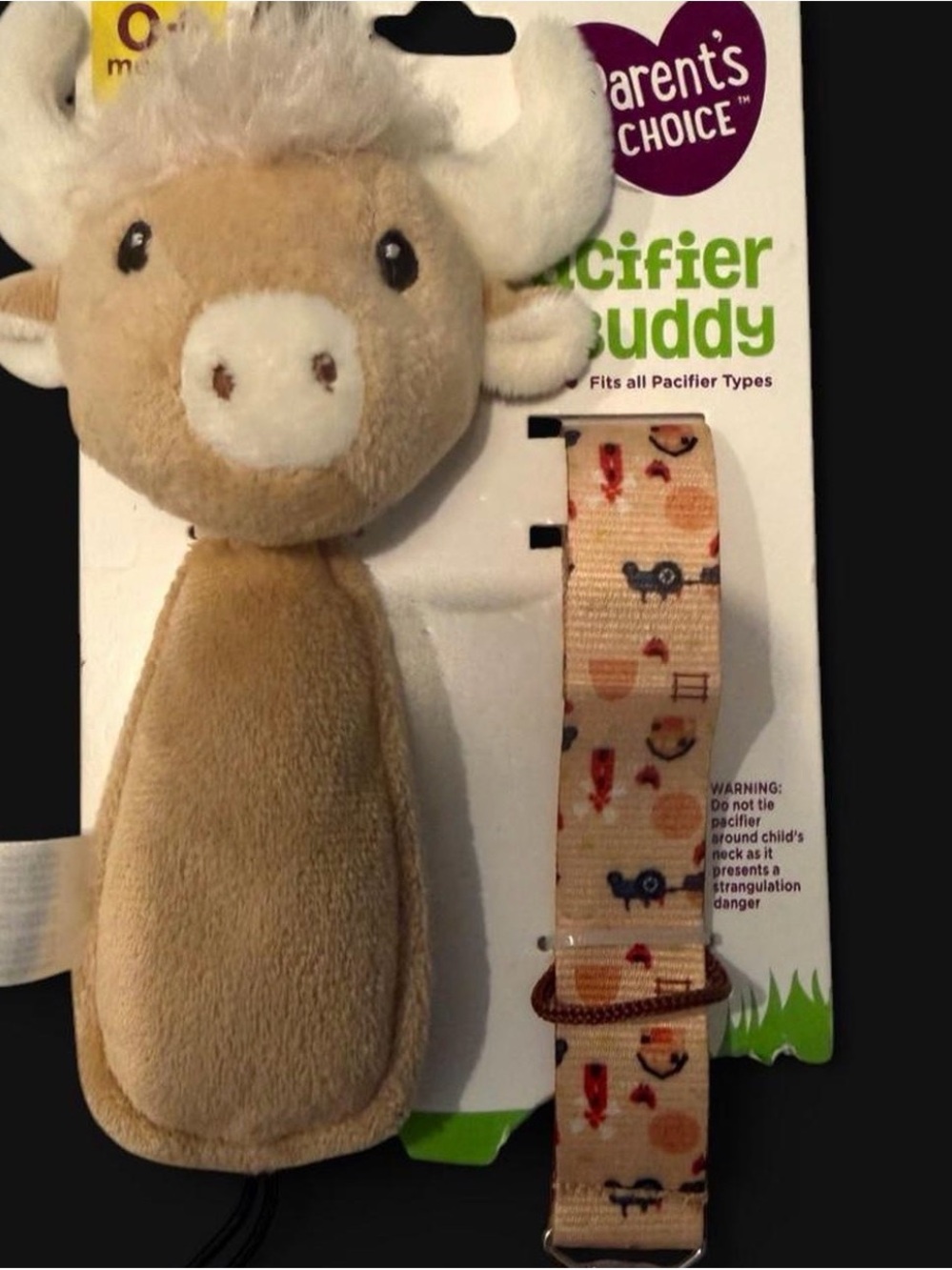 Parent's Choice Beige Plush Pacifier Buddy with Animal-Print Clip